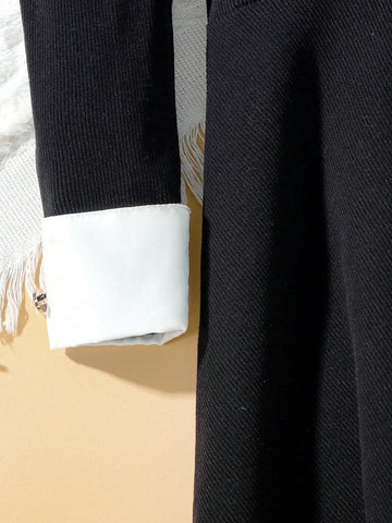 Young Girls Elegant Shirt Collar Splice Soft Elastic Rib Mid-Length Slim Fit Dress