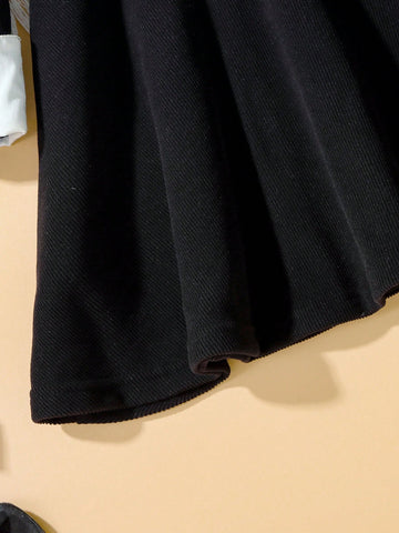 Young Girls Elegant Shirt Collar Splice Soft Elastic Rib Mid-Length Slim Fit Dress