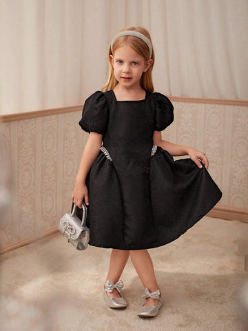 Young Girls' Elegant Solid Color Jacquard Dress With Bubble Sleeves And Rhinestone Embellishment, Summer