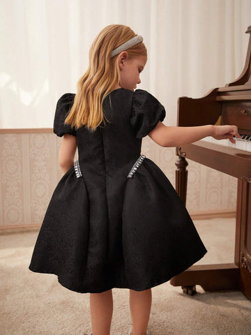 Young Girls' Elegant Solid Color Jacquard Dress With Bubble Sleeves And Rhinestone Embellishment, Summer