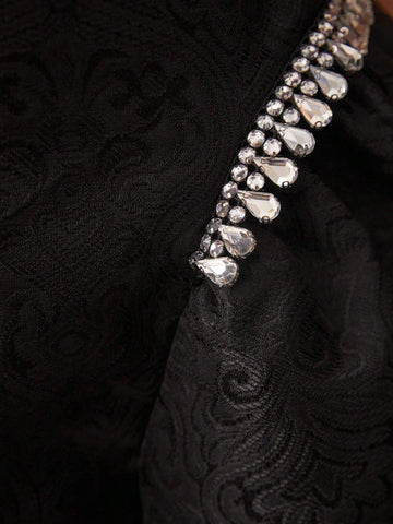 Young Girls' Elegant Solid Color Jacquard Dress With Bubble Sleeves And Rhinestone Embellishment, Summer