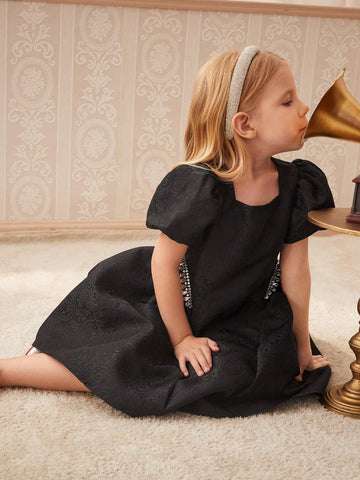 Young Girls' Elegant Solid Color Jacquard Dress With Bubble Sleeves And Rhinestone Embellishment, Summer