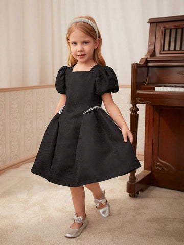 Young Girls' Elegant Solid Color Jacquard Dress With Bubble Sleeves And Rhinestone Embellishment, Summer
