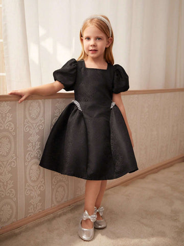 Young Girls' Elegant Solid Color Jacquard Dress With Bubble Sleeves And Rhinestone Embellishment, Summer