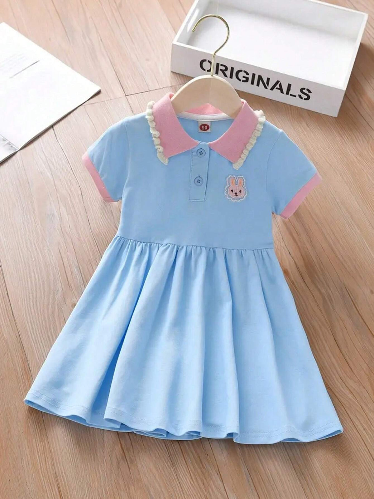Young Girl's Elegant Sweet Comfortable Rabbit Pattern Splice Collar Princess Dress, Suitable For Casual Vacation Party