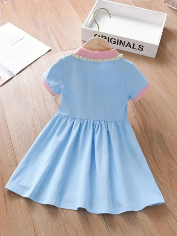 Young Girl's Elegant Sweet Comfortable Rabbit Pattern Splice Collar Princess Dress, Suitable For Casual Vacation Party