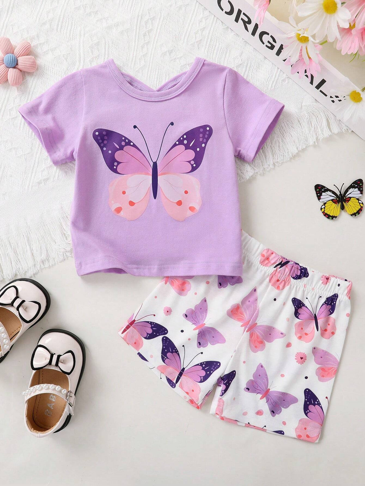 Young Girls' Elegant, Sweet & Cute Butterfly Knot Pattern Printed T-Shirt And Shorts Set, Suitable For Casual, Vacation, Party