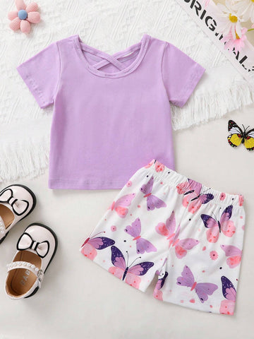 Young Girls' Elegant, Sweet & Cute Butterfly Knot Pattern Printed T-Shirt And Shorts Set, Suitable For Casual, Vacation, Party