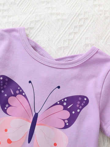 Young Girls' Elegant, Sweet & Cute Butterfly Knot Pattern Printed T-Shirt And Shorts Set, Suitable For Casual, Vacation, Party