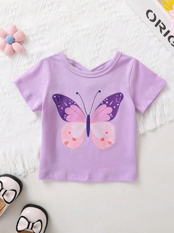 Young Girls' Elegant, Sweet & Cute Butterfly Knot Pattern Printed T-Shirt And Shorts Set, Suitable For Casual, Vacation, Party