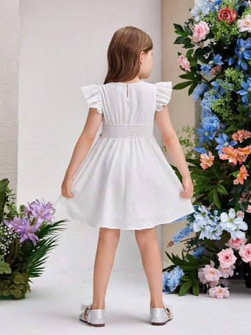 Young Girls' Elegant Swiss Dot Woven Ruffle Trimmed Dress With Decorative Border