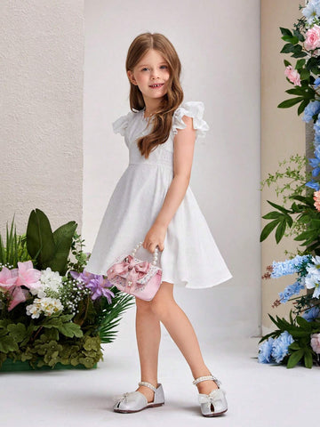 Young Girls' Elegant Swiss Dot Woven Ruffle Trimmed Dress With Decorative Border