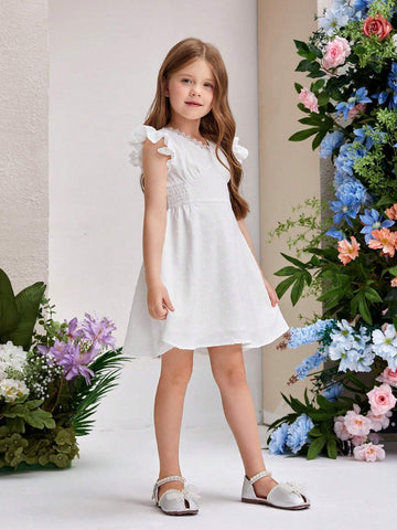 Young Girls' Elegant Swiss Dot Woven Ruffle Trimmed Dress With Decorative Border