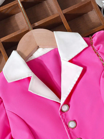 Young Girls Elegant V-Neck Buttoned Jumpsuit With Short Sleeve And Contrasting Patchwork, Summer Outfits