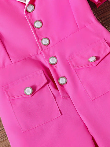 Young Girls Elegant V-Neck Buttoned Jumpsuit With Short Sleeve And Contrasting Patchwork, Summer Outfits