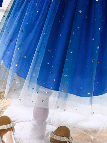 Young Girls' Elegant Velvet Patchwork Blue Ombre Mesh Sequin Bowknot Hollow Puffy Princess Dress, Spring Autumn