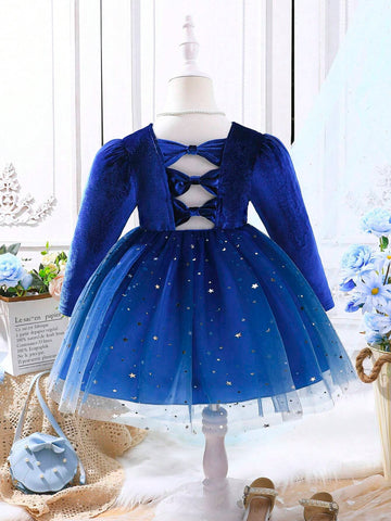 Young Girls' Elegant Velvet Patchwork Blue Ombre Mesh Sequin Bowknot Hollow Puffy Princess Dress, Spring Autumn