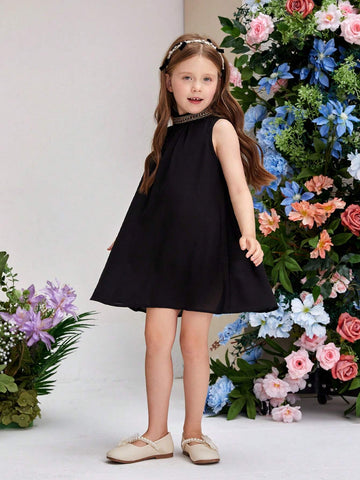 Young Girl's Elegant Weaving Dress With Chain Tape Decoration On The Collar