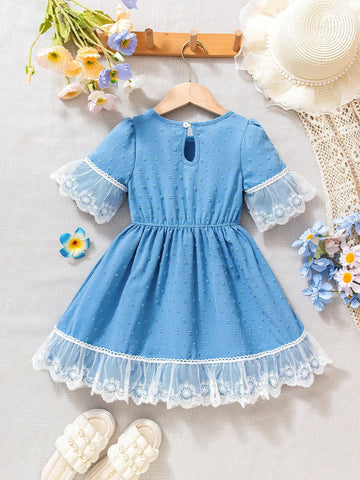 Young Girls Elegant Woven Contrast Lace Dress, High-End Niche Design, Sweet Princess Style Formal Dress Suitable For Weddings