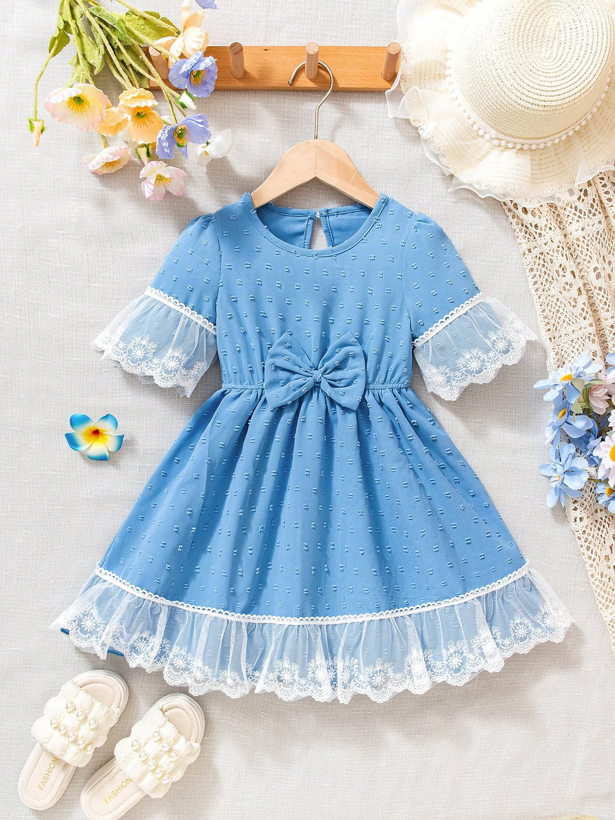 Young Girls Elegant Woven Contrast Lace Dress, High-End Niche Design, Sweet Princess Style Formal Dress Suitable For Weddings