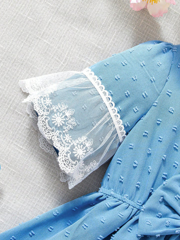 Young Girls Elegant Woven Contrast Lace Dress, High-End Niche Design, Sweet Princess Style Formal Dress Suitable For Weddings
