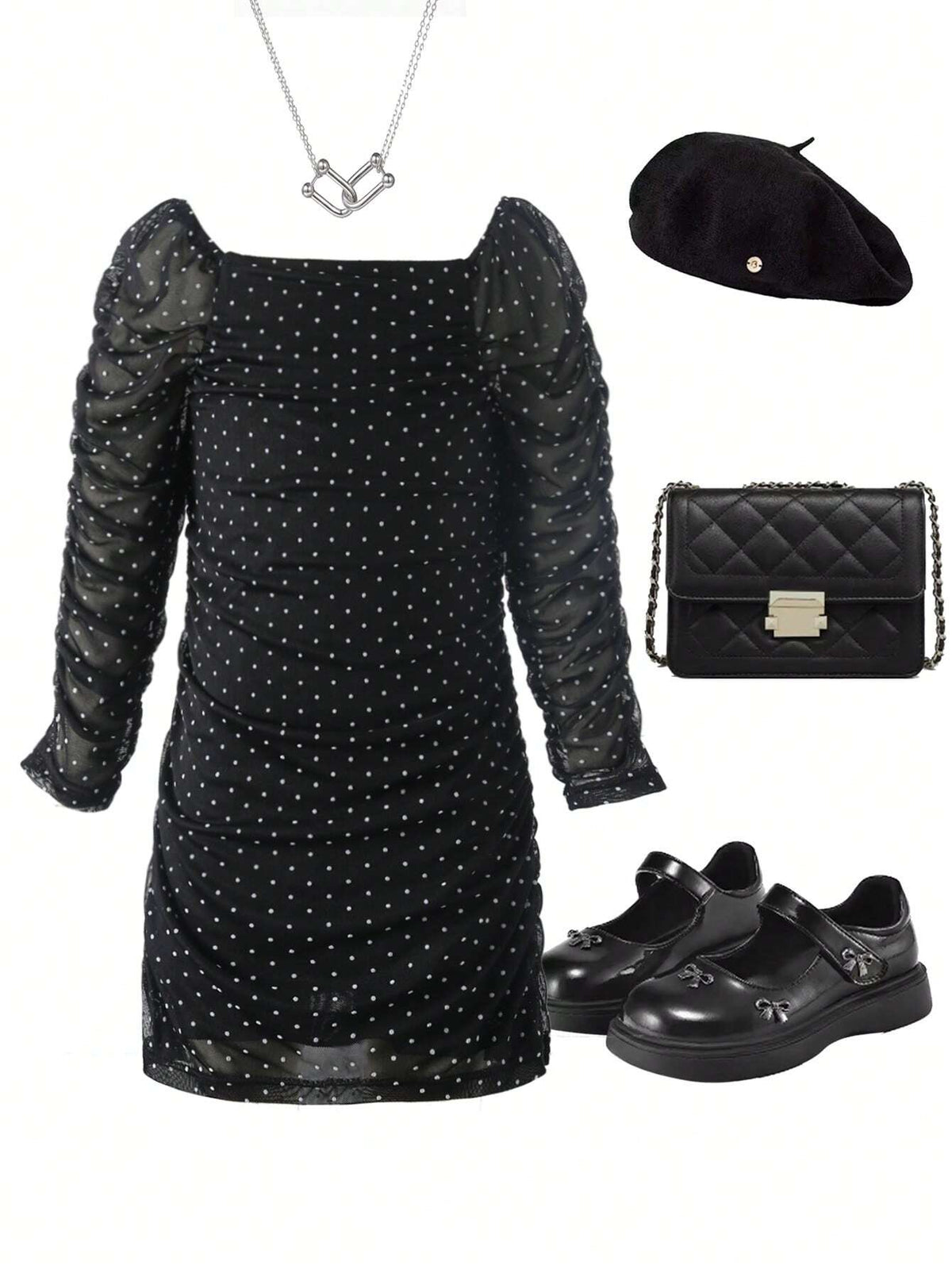 Young Girls Elegant & Ruched Polka Dot Sheath Dress With Puff Sleeves, Suitable For Party And Formal Occasions, Autumn