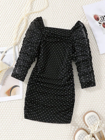 Young Girls Elegant & Ruched Polka Dot Sheath Dress With Puff Sleeves, Suitable For Party And Formal Occasions, Autumn