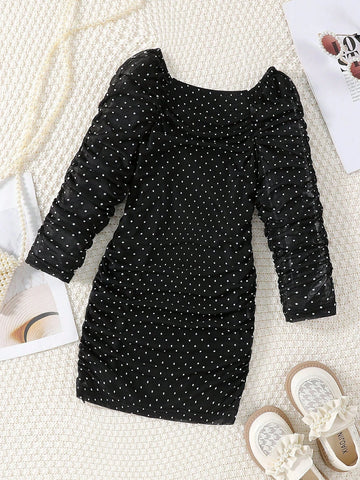 Young Girls Elegant & Ruched Polka Dot Sheath Dress With Puff Sleeves, Suitable For Party And Formal Occasions, Autumn