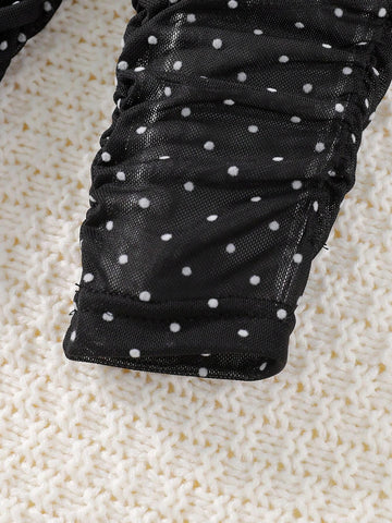 Young Girls Elegant & Ruched Polka Dot Sheath Dress With Puff Sleeves, Suitable For Party And Formal Occasions, Autumn