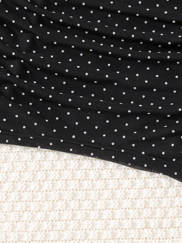 Young Girls Elegant & Ruched Polka Dot Sheath Dress With Puff Sleeves, Suitable For Party And Formal Occasions, Autumn