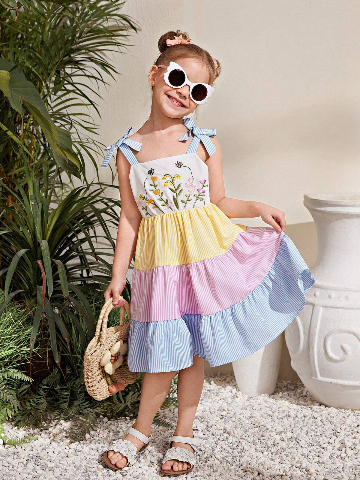 Young Girl's Embroidered Bowknot Strap Color Block Striped Dress, Perfect For Summer