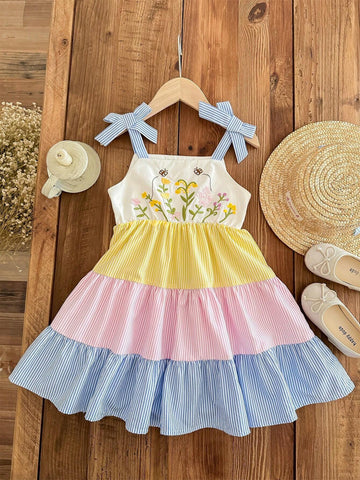Young Girl's Embroidered Bowknot Strap Color Block Striped Dress, Perfect For Summer