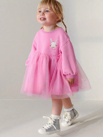 Young Girls Embroidered Bunny European & American Style Cartoon Girls Long Sleeve Mesh Dress, Autumn Children Princess Dress
