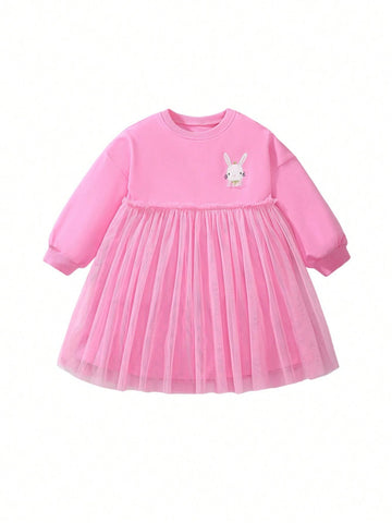 Young Girls Embroidered Bunny European & American Style Cartoon Girls Long Sleeve Mesh Dress, Autumn Children Princess Dress