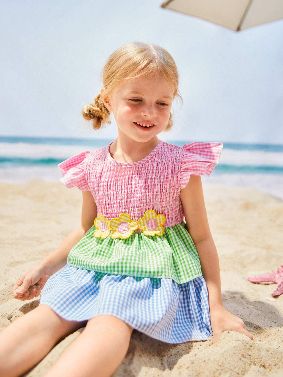 Young Girls' Embroidered Gingham Shirt With Belt, Spring/Summer