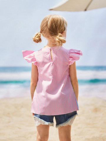 Young Girls' Embroidered Gingham Shirt With Belt, Spring/Summer