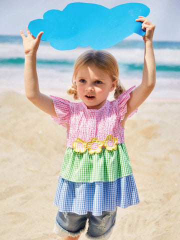 Young Girls' Embroidered Gingham Shirt With Belt, Spring/Summer