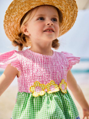 Young Girls' Embroidered Gingham Shirt With Belt, Spring/Summer