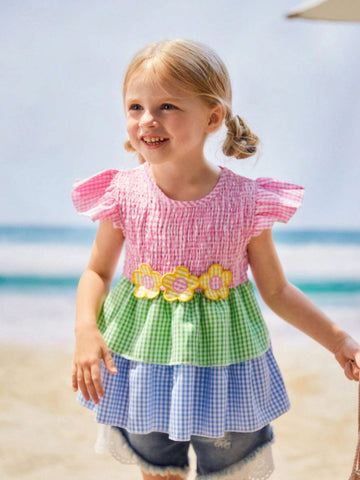 Young Girls' Embroidered Gingham Shirt With Belt, Spring/Summer