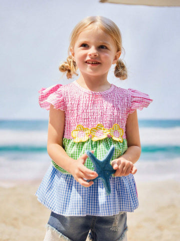 Young Girls' Embroidered Gingham Shirt With Belt, Spring/Summer