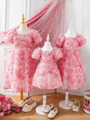 Young Girls' Embroidered Net Yarn Puff Sleeve Dress