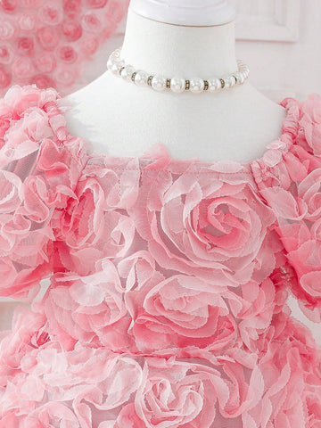 Young Girls' Embroidered Net Yarn Puff Sleeve Dress