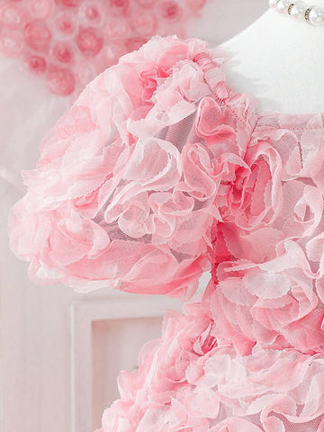 Young Girls' Embroidered Net Yarn Puff Sleeve Dress