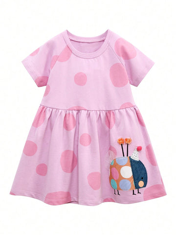 Young Girls' Embroidered Patchwork Polka Dot & Printed Round Neck Comfortable Casual Short Sleeve Dress