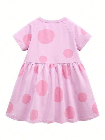 Young Girls' Embroidered Patchwork Polka Dot & Printed Round Neck Comfortable Casual Short Sleeve Dress