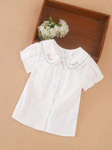 Young Girl's Embroidered Short-Sleeved Shirt With Turn-Down Collar, Summer