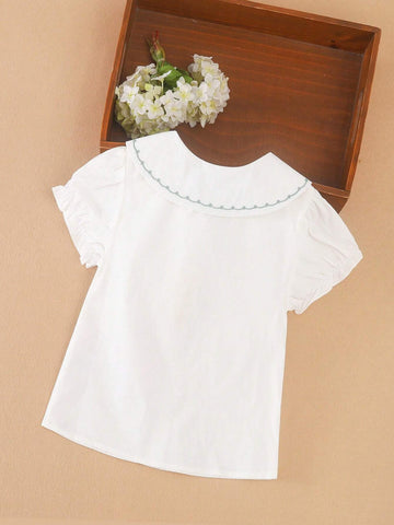 Young Girl's Embroidered Short-Sleeved Shirt With Turn-Down Collar, Summer
