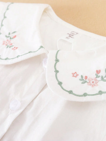 Young Girl's Embroidered Short-Sleeved Shirt With Turn-Down Collar, Summer