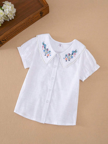 Young Girls' Embroidered Short Sleeve Shirt With Turn-Down Collar, Summer