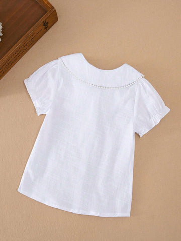 Young Girls' Embroidered Short Sleeve Shirt With Turn-Down Collar, Summer